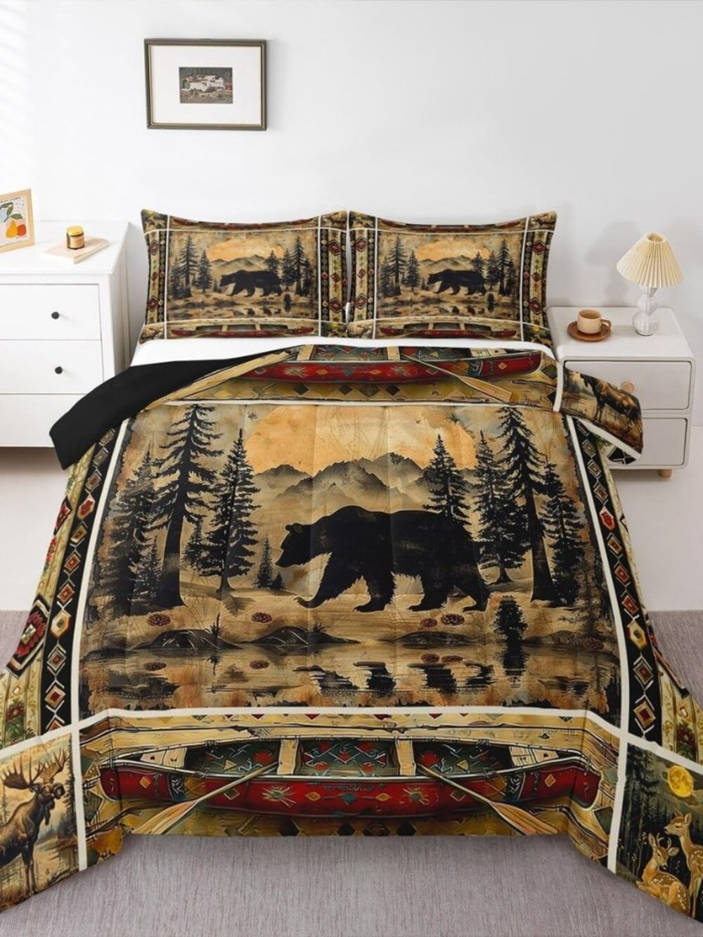 Boys Girls Rustic Cabin Comforter Set Queen Size, Black Bears Duvet Insert